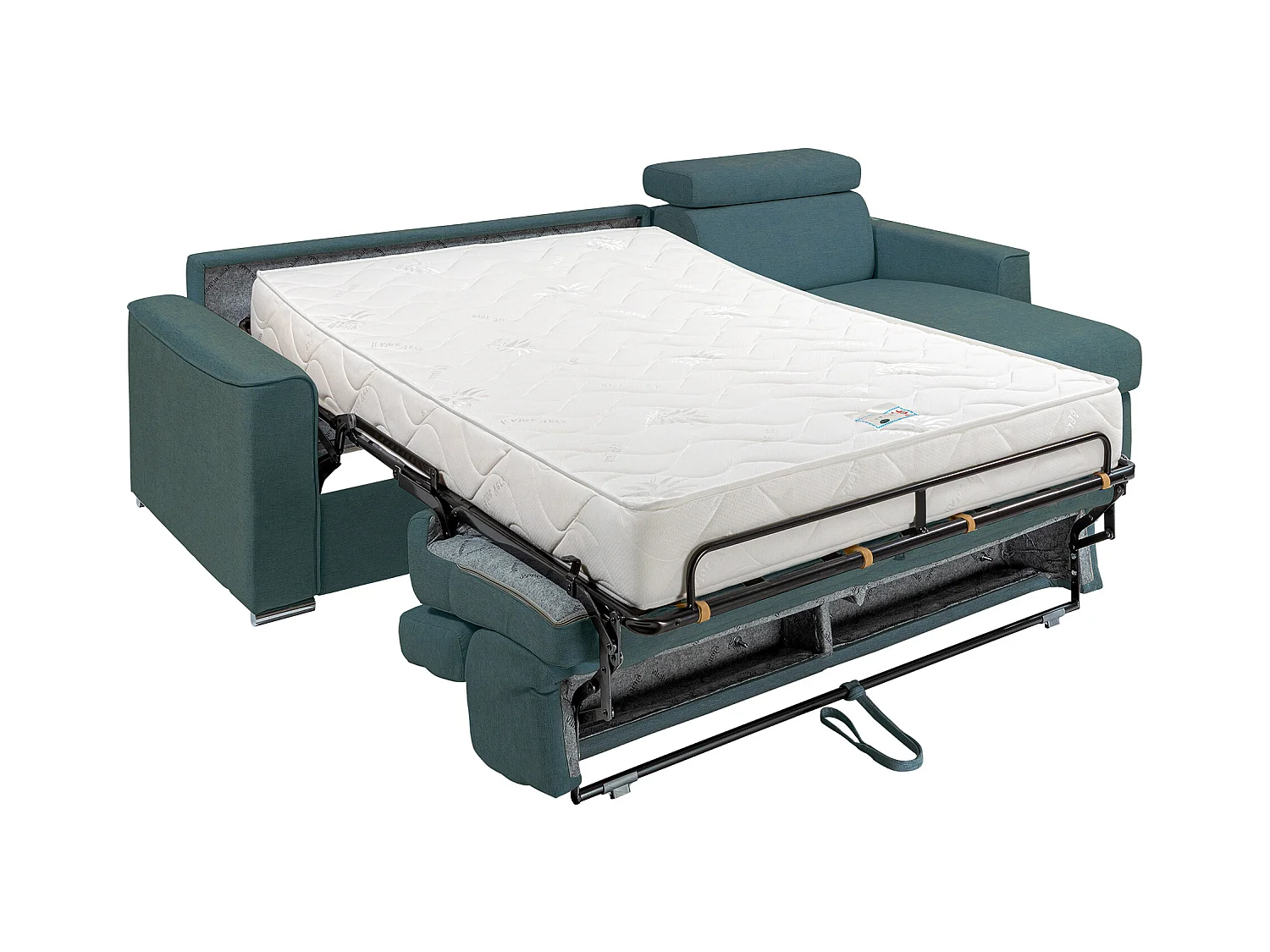 Sofá de canto reversível e convertível abertura rápida tecido azul, cama de ripas largas 140 cm, colchão de 22 cm - VIZIR