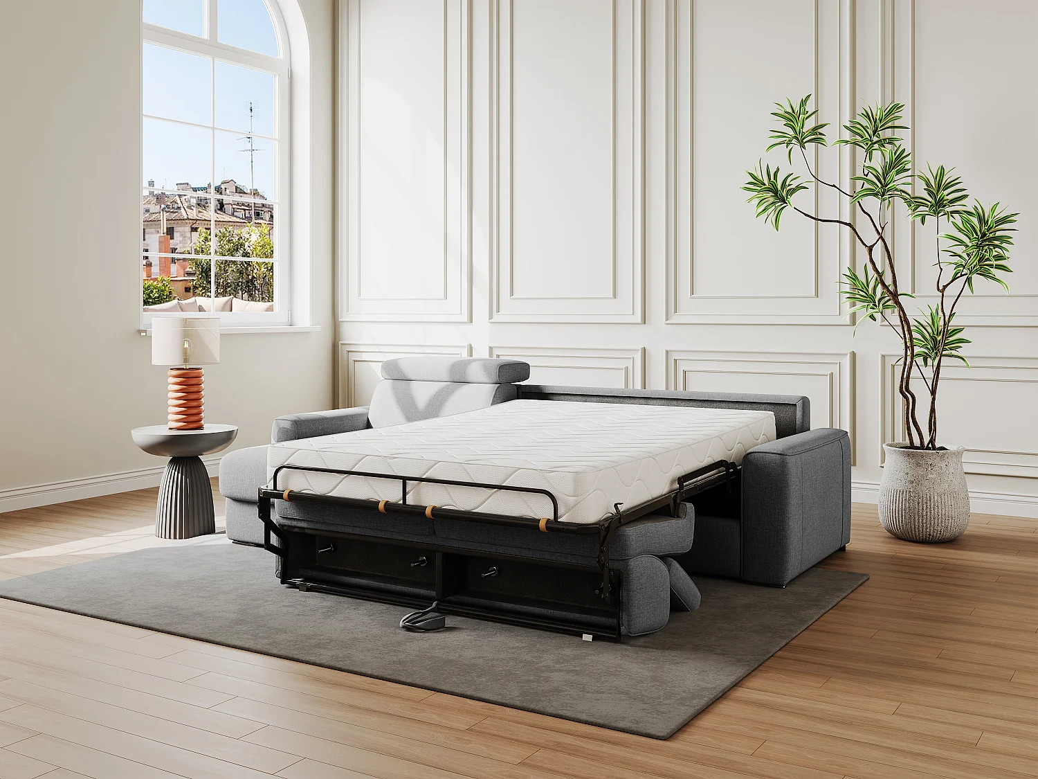 Ecksofa mit Matratze - Ecke wechselbar - Stoff - Grau - Liegefläche 140 cm - Matratze 22 cm - Memory Schaum - VIZIR
