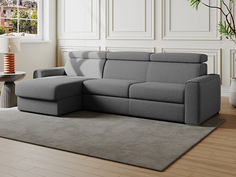 Canapé d'angle réversible convertible express en tissu gris - Couchage à lattes larges 140 cm - Matelas 22 cm mémoire de forme - VIZIR
