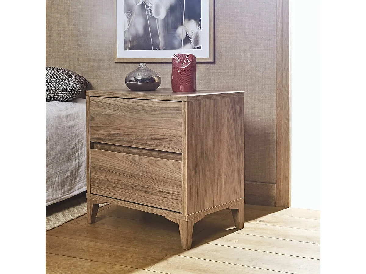 Chevet 2 tiroirs  panneaux de fibres noyer KIMA