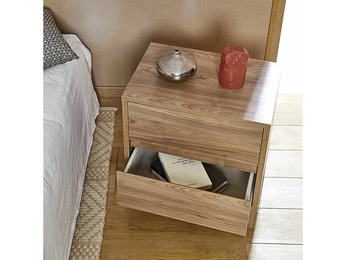 Chevet 2 tiroirs  panneaux de fibres noyer KIMA