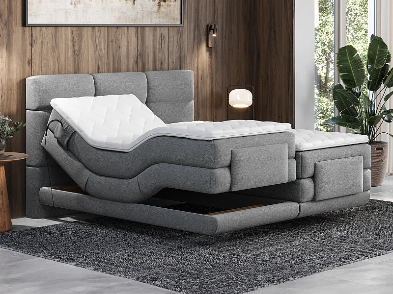 Ensemble complet boxspring tête de lit capitonnée + sommiers relaxation électrique + matelas + surmatelas - 2 x 80 x 200 cm - Tissu - Gris clair - LODI de PALACIO
