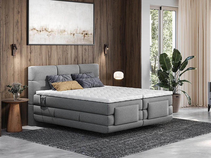 Conjunto Boxspring cabecero capitoné + somieres relajación eléctrico + colchón + sobrecolchón 2 x 80 x 200 gris claro - LODI de PALACIO