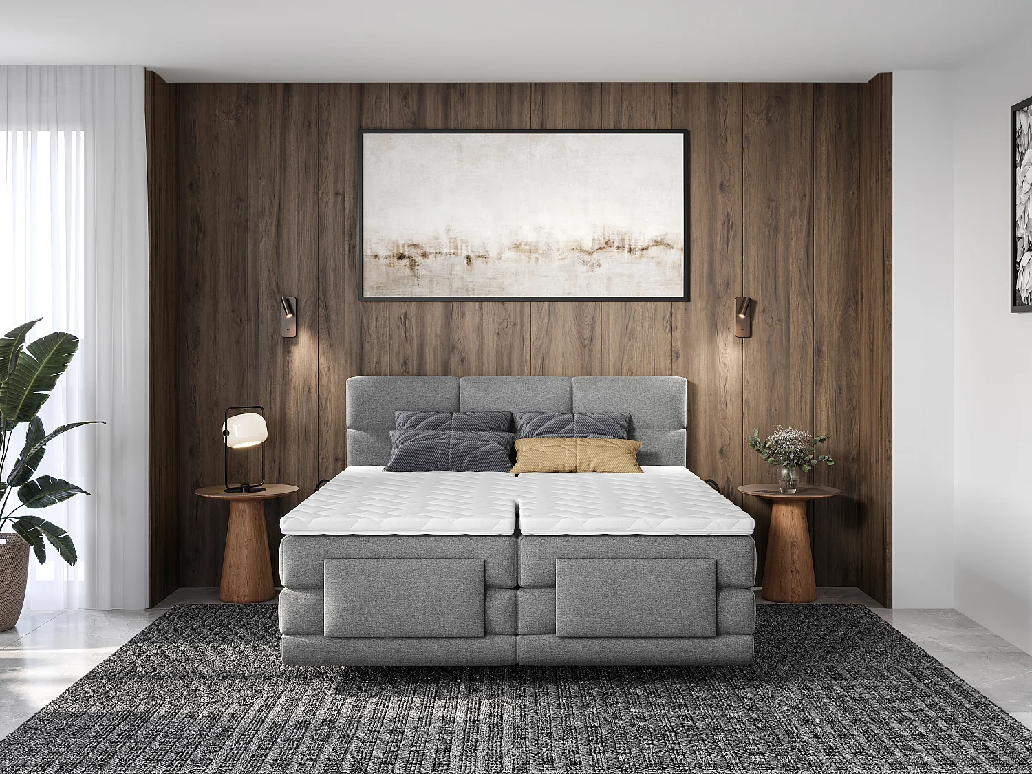 Boxspringbett mit gestepptem Kopfteil + elektrischem Untergestell mit Relaxfunktion + Matratze + Topper 2 x 80 x 200 cm - Stoff - Hellgrau - LODI von PALACIO