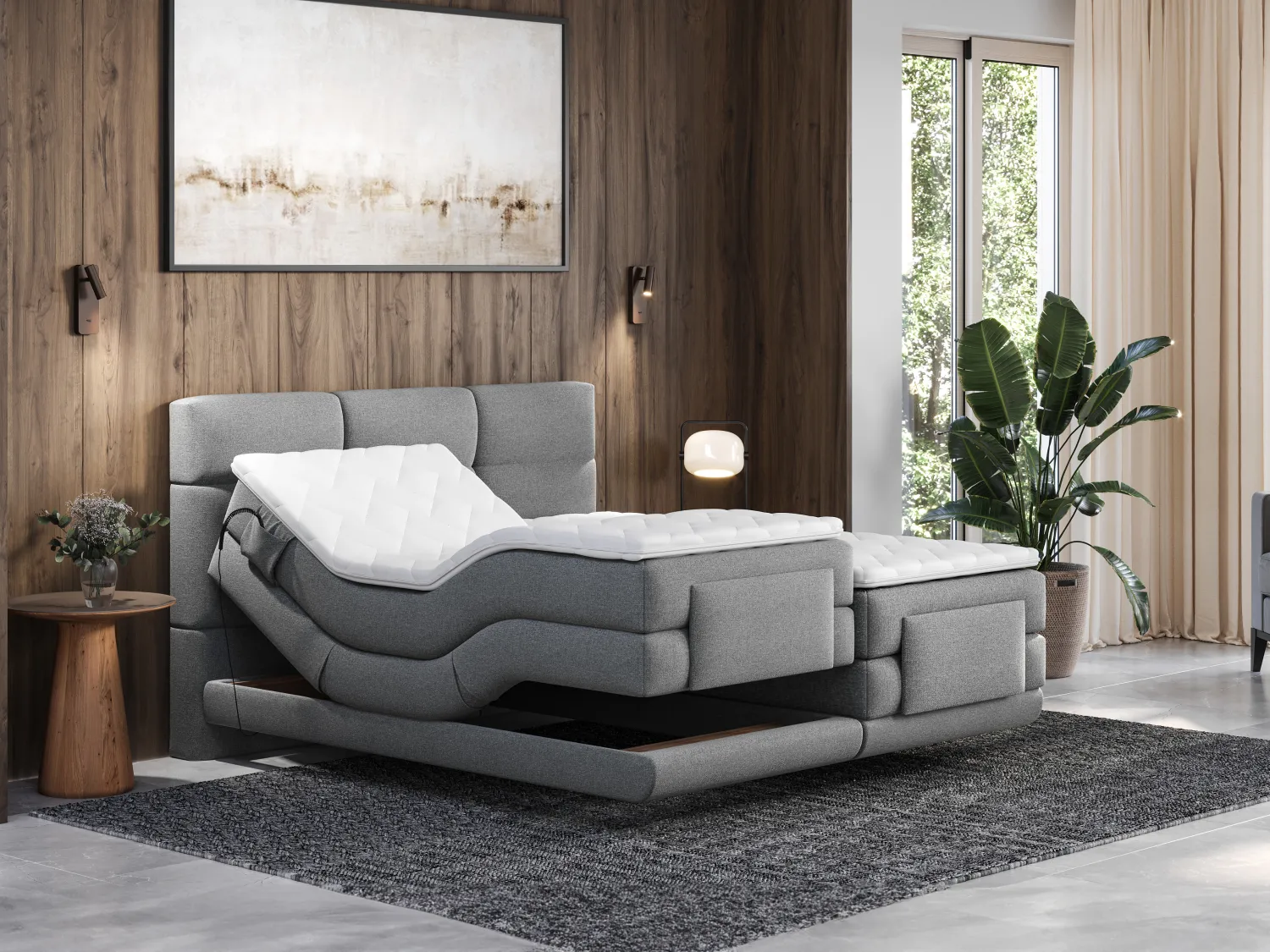 Boxspringbett mit gestepptem Kopfteil + elektrischem Untergestell mit Relaxfunktion + Matratze + Topper 2 x 80 x 200 cm - Stoff - Hellgrau - LODI von PALACIO