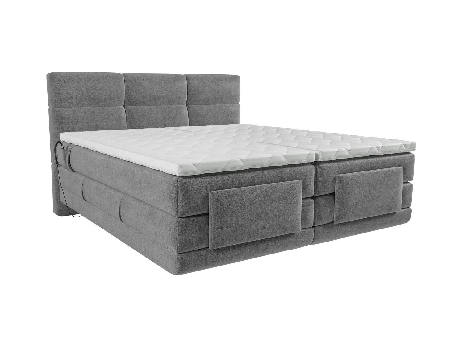 Boxspringbett mit gestepptem Kopfteil + elektrischem Untergestell mit Relaxfunktion + Matratze + Topper 2 x 80 x 200 cm - Stoff - Hellgrau - LODI von PALACIO