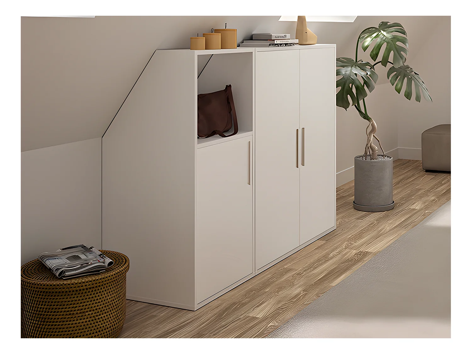 Meuble sous pente 3 portes et 1 niche - Blanc - ADEZIO