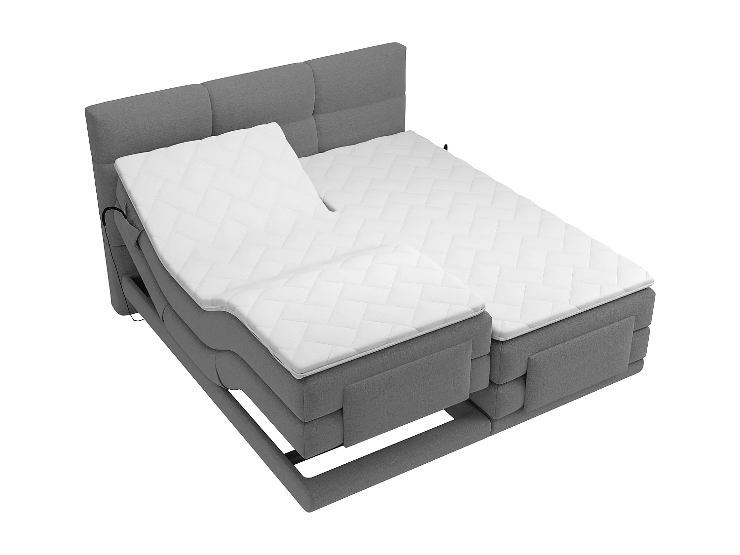 Komplett boxspring-säng med vadderad sänggavel + elektrisk ställbar resårbotten + madrass + bäddmadrass - 2 x 90 x 200 cm - Tyg - Ljusgrå - LODI från PALACIO