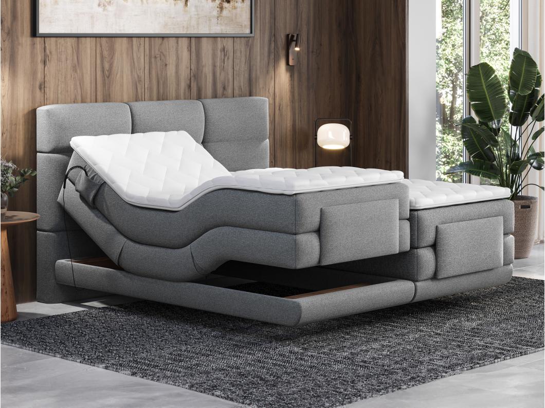 Ensemble complet boxspring tête de lit capitonnée + sommiers relaxation électrique + matelas + surmatelas - 2 x 90 x 200 cm - Tissu - Gris clair - LODI de PALACIO