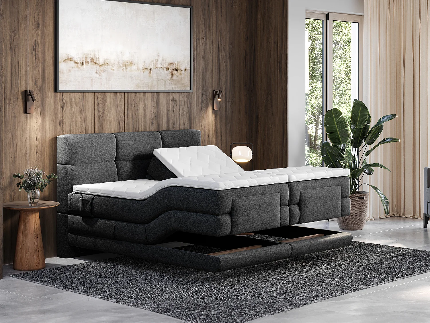 Boxspringbett mit gestepptem Kopfteil + elektrischem Untergestell mit Relaxfunktion + Matratze + Topper - 2 x 80 x 200 cm - Anthrazit - LODI von PALACIO