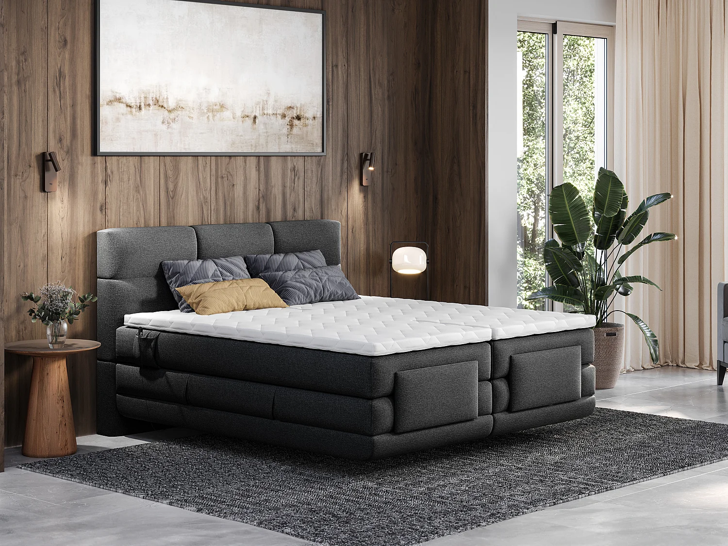 Ensemble complet boxspring tête de lit capitonnée + sommiers relaxation électrique + matelas + surmatelas - 2 x 90 x 200 cm - Tissu - Anthracite - LODI de PALACIO