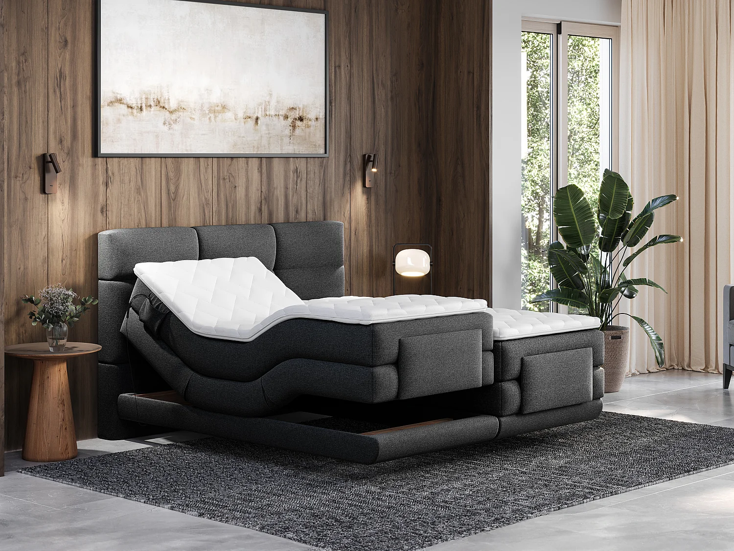Ensemble complet boxspring tête de lit capitonnée + sommiers relaxation électrique + matelas + surmatelas - 2 x 90 x 200 cm - Tissu - Anthracite - LODI de PALACIO