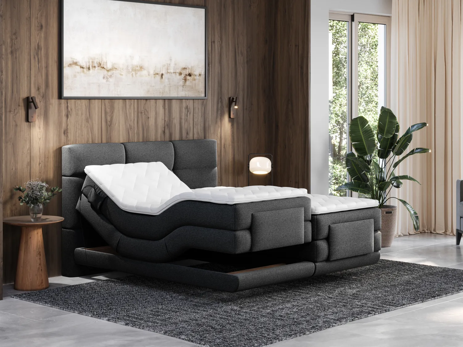 Boxspringbett mit gestepptem Kopfteil + elektrischem Untergestell mit Relaxfunktion + Matratze + Topper - 2 x 90 x 200 cm - Stoff - Anthrazit - LODI von PALACIO