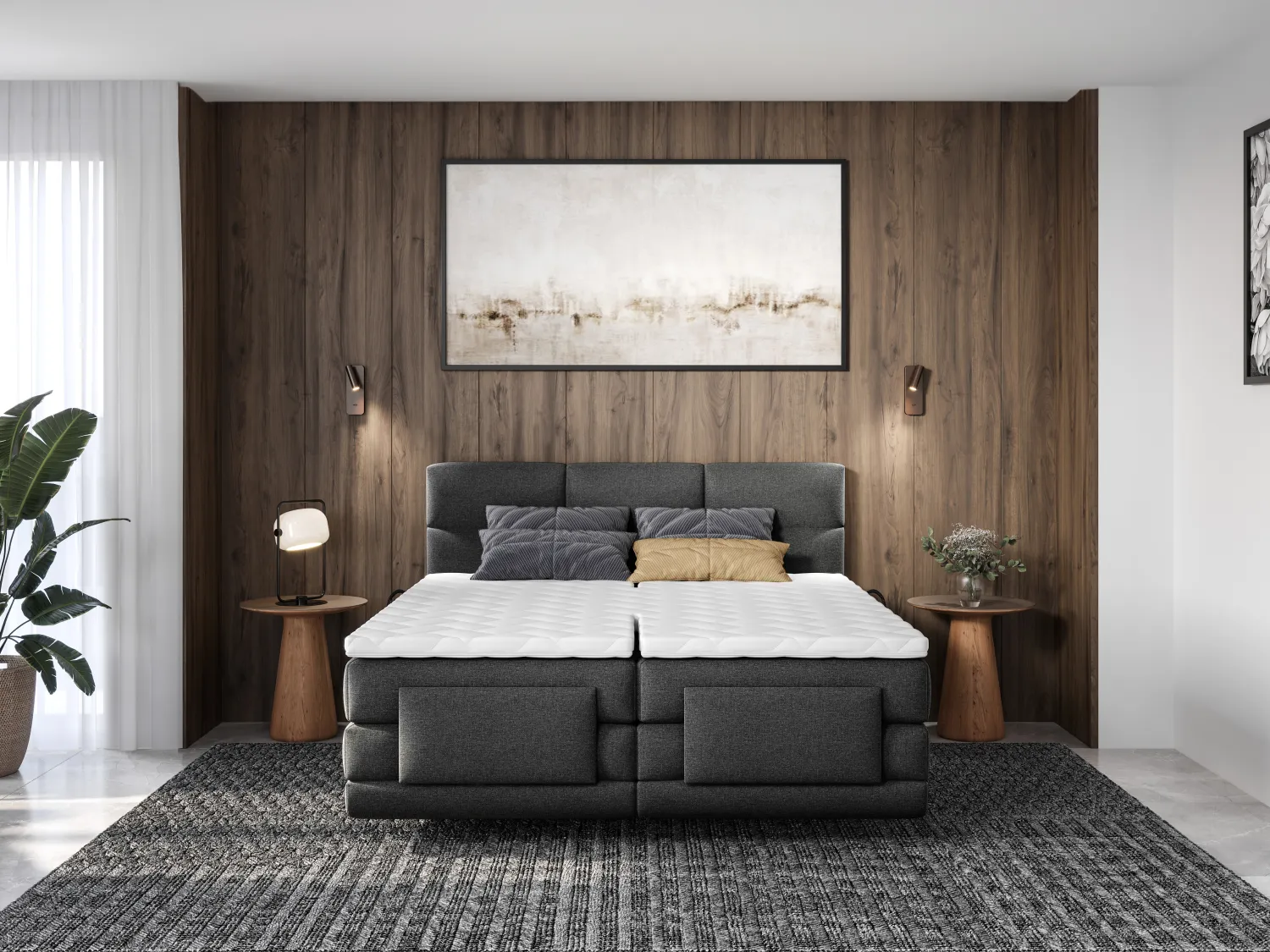 Boxspringbett mit gestepptem Kopfteil + elektrischem Untergestell mit Relaxfunktion + Matratze + Topper - 2 x 90 x 200 cm - Stoff - Anthrazit - LODI von PALACIO