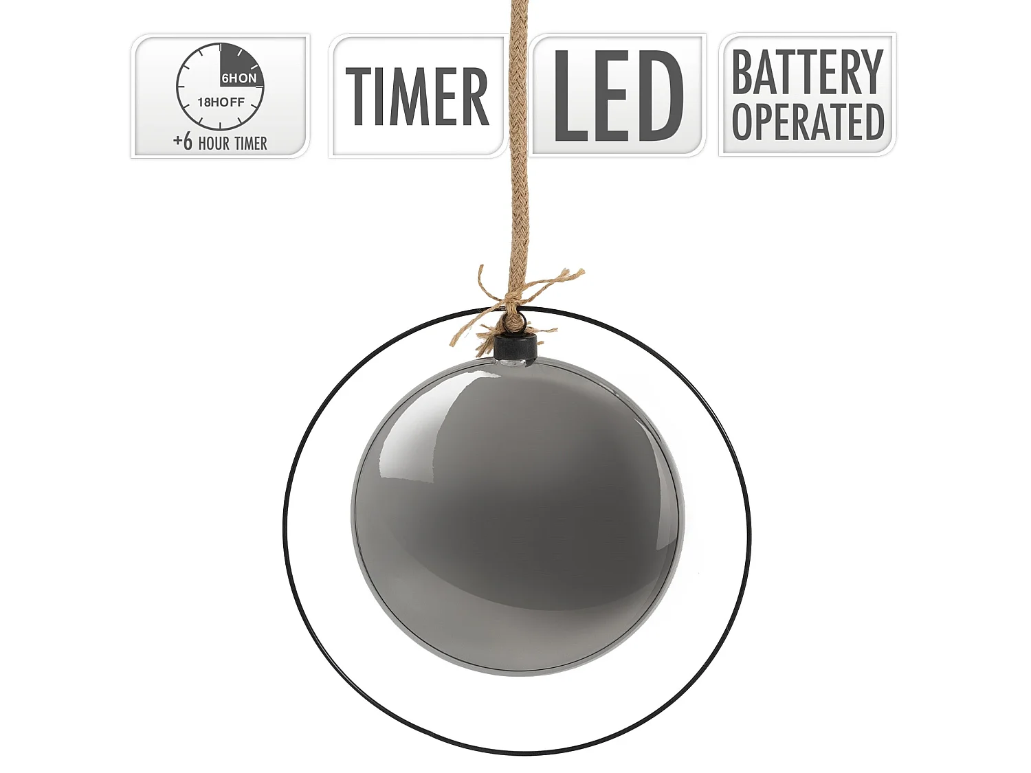 Boule de Noël suspendue avec LED décoration de Noël en verre noir/gris Ø18 cm