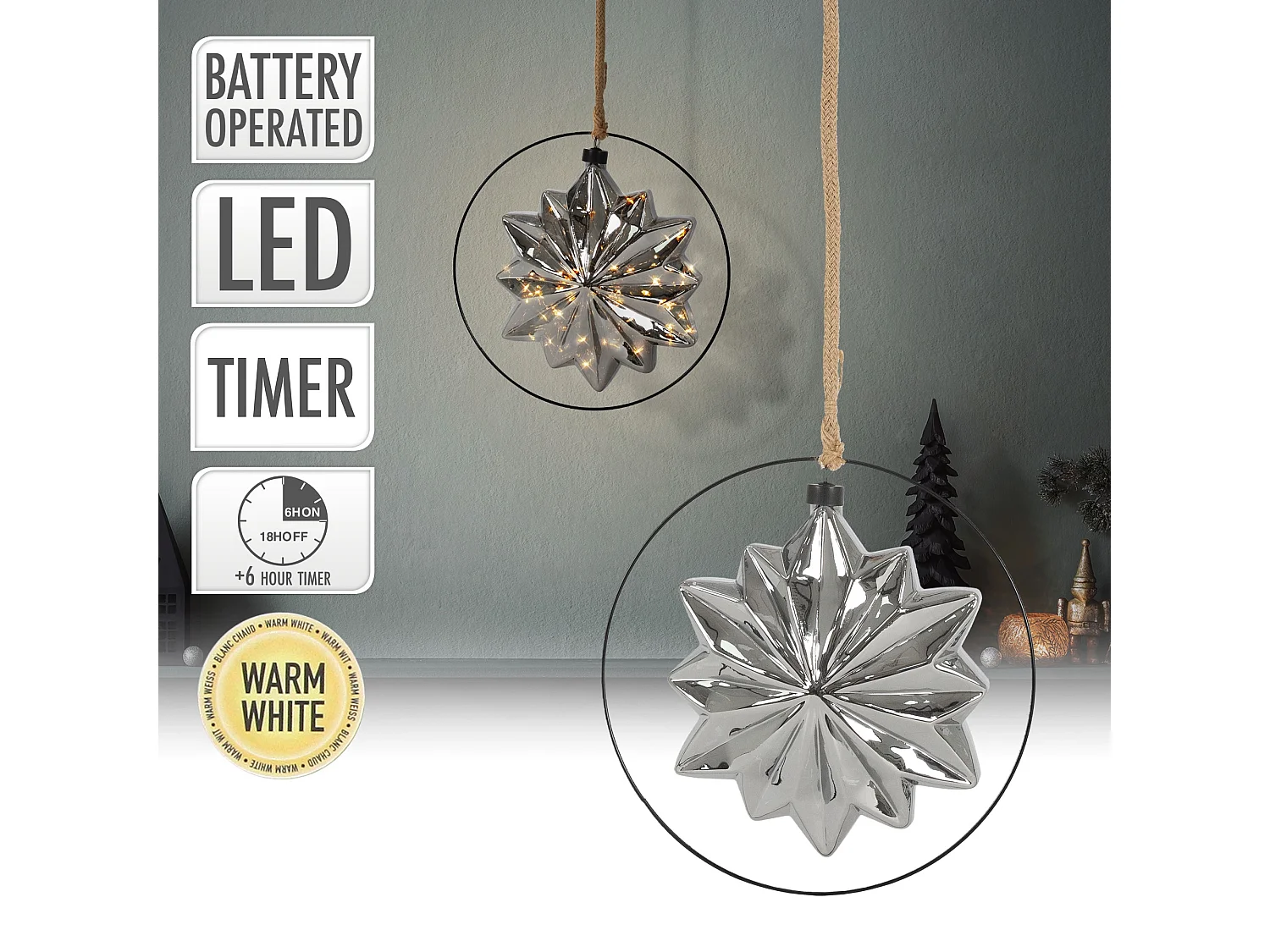 Decorazione per Natale stella in vetro luminosa LED con corda e timer Ø 18 cm