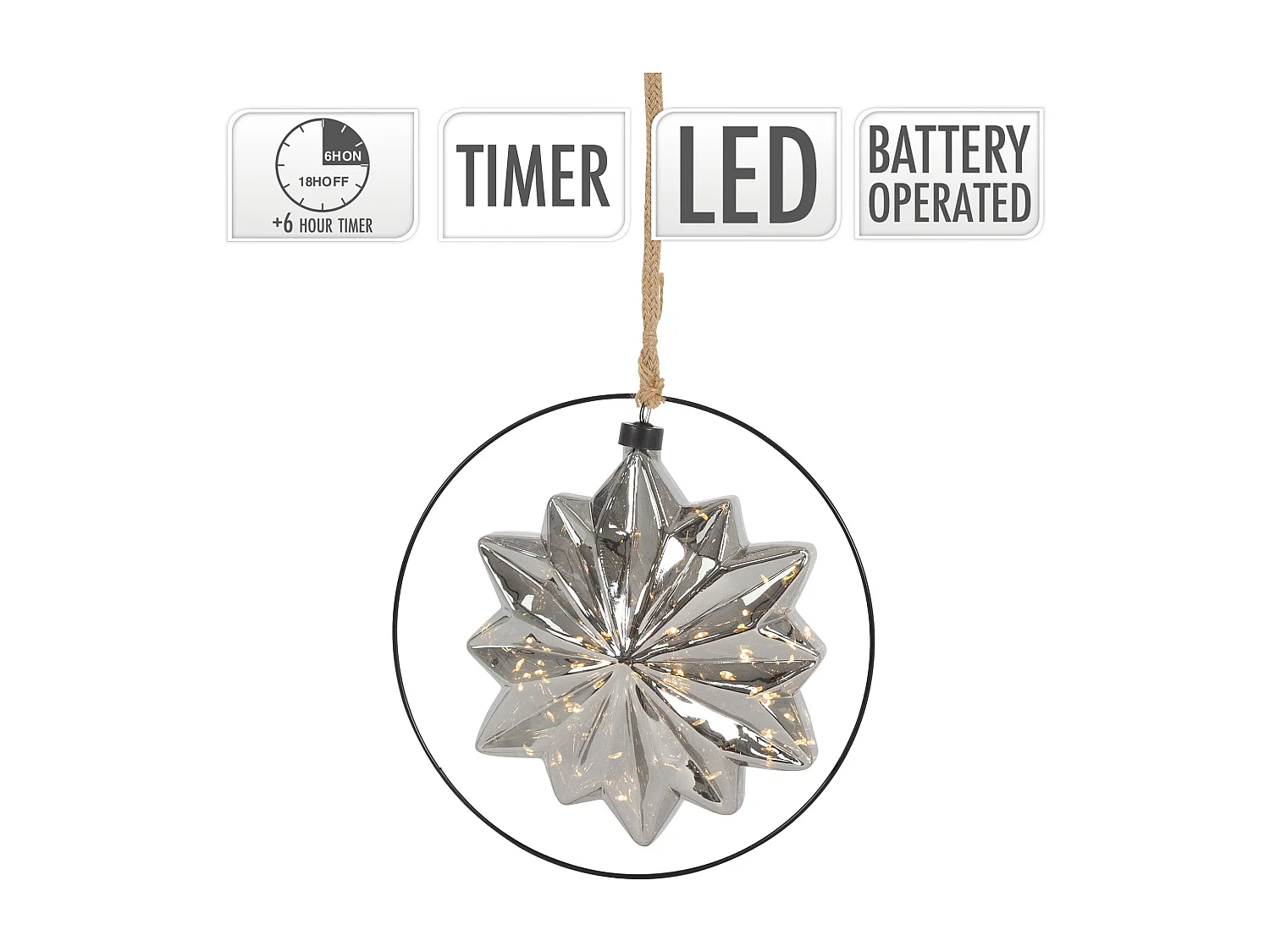 Decorazione per Natale stella in vetro luminosa LED con corda e timer Ø 18 cm