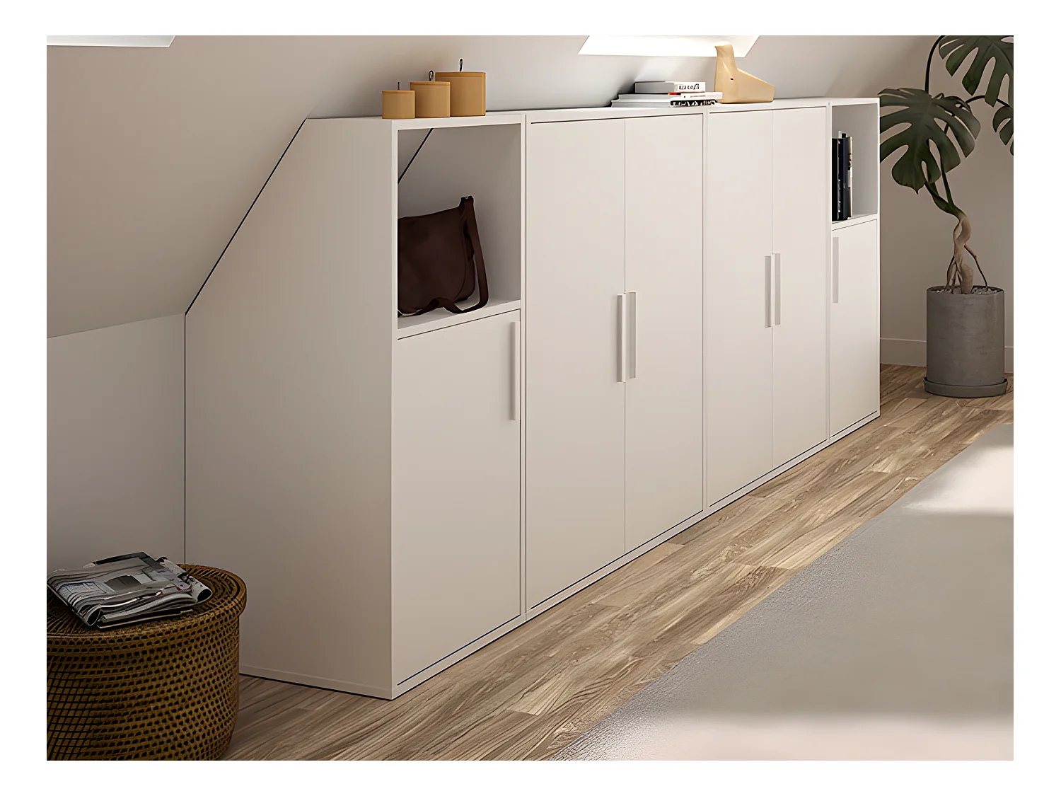 Meuble sous pente 6 portes et 2 niches - Blanc - ADEZIO