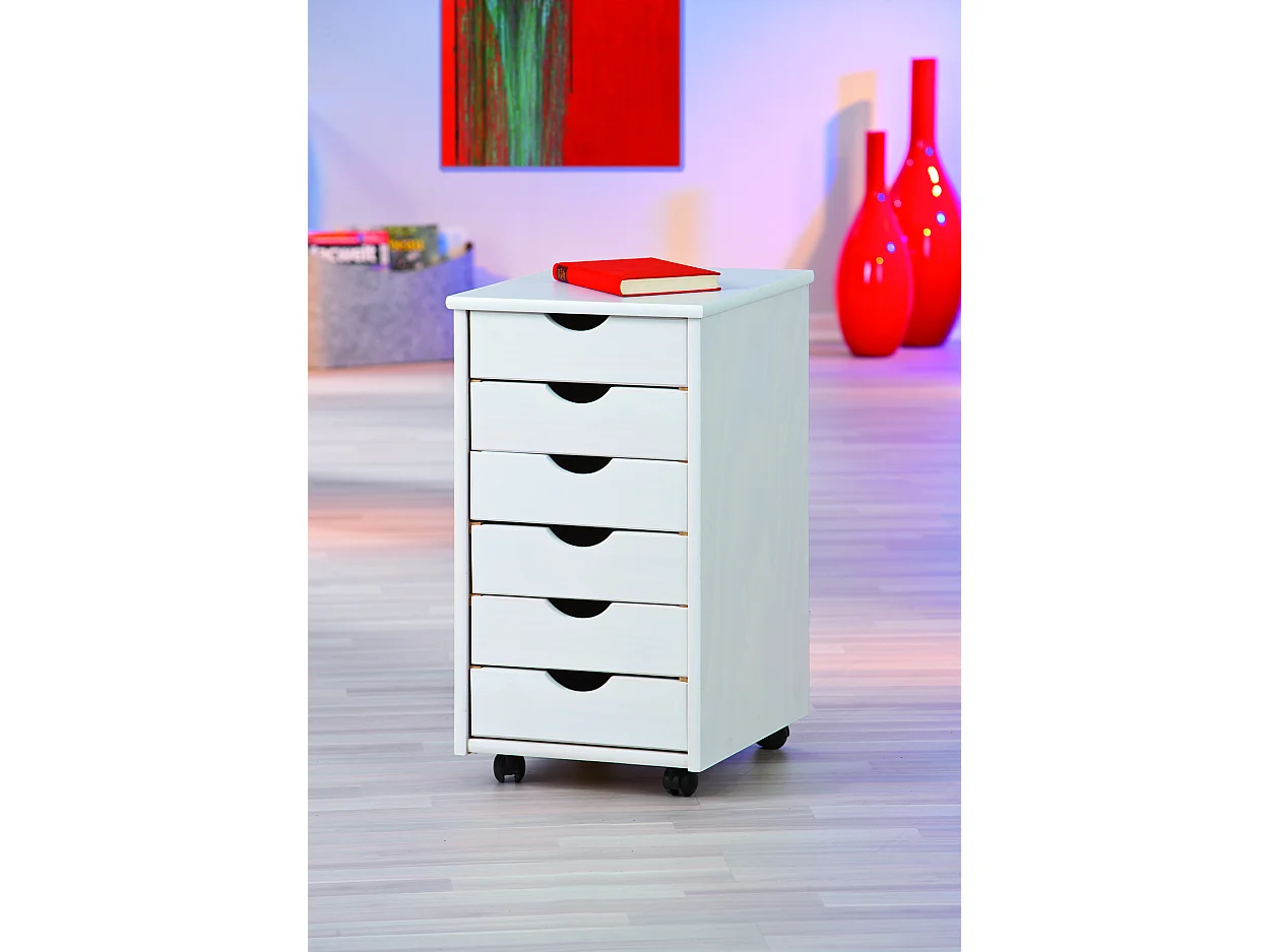 Simra Commode à roulettes, 6 tiroirs, blanc .