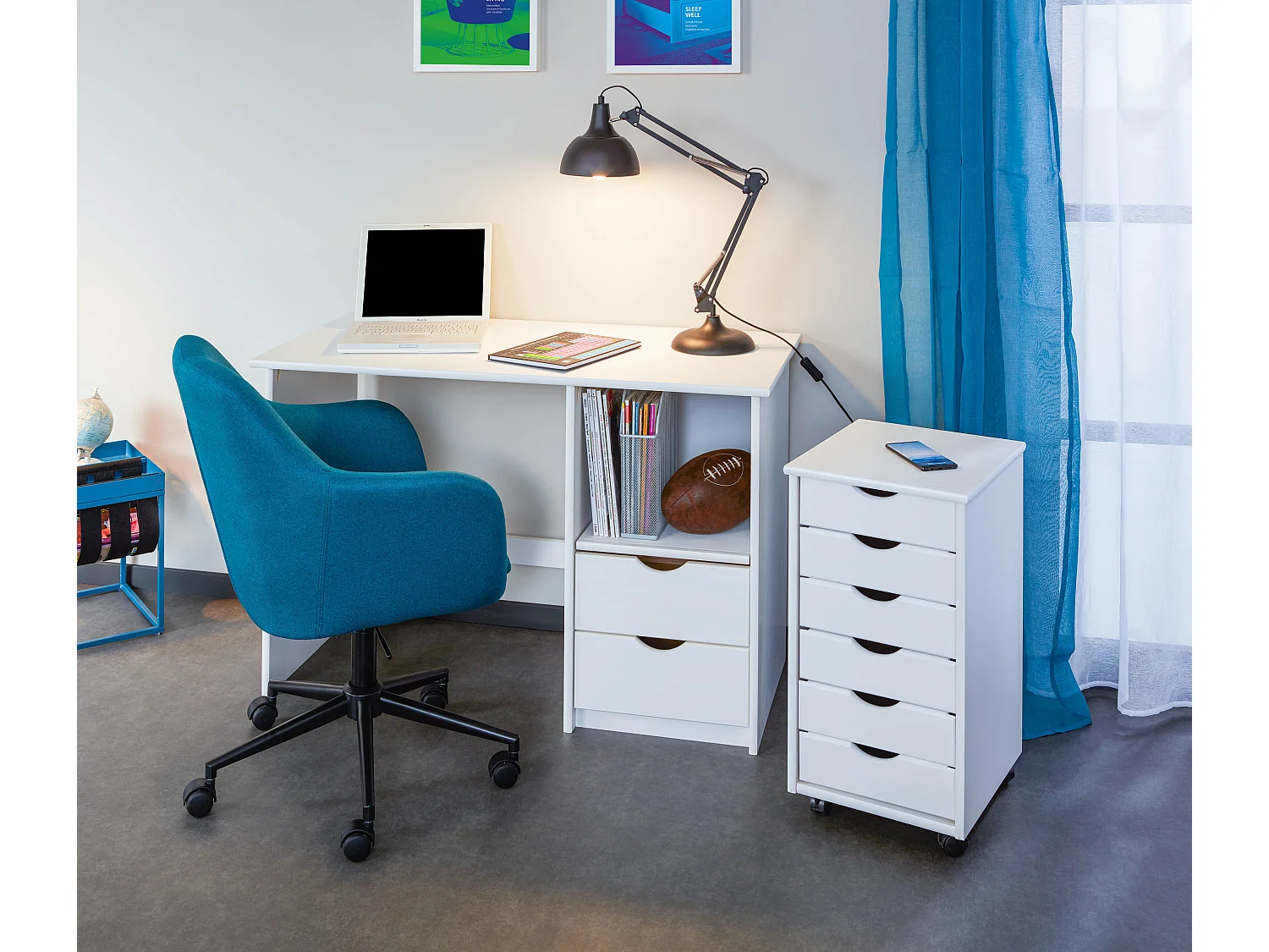 Simra Commode à roulettes, 6 tiroirs, blanc .