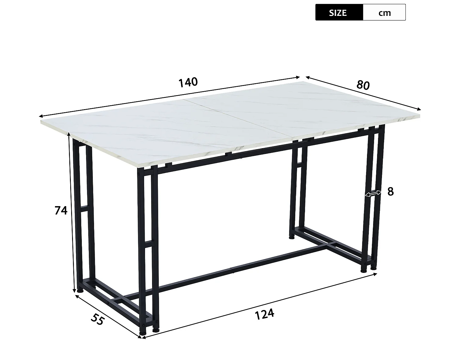 Eettafel - blad met marmer effect - zwarte metalen poten - 140x80cm - Wit & Zwart