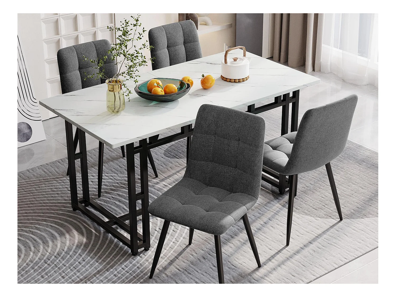 Table à manger - plateau effet marbre - pieds noirs en métal- 140x80cm - Blanc & Noir
