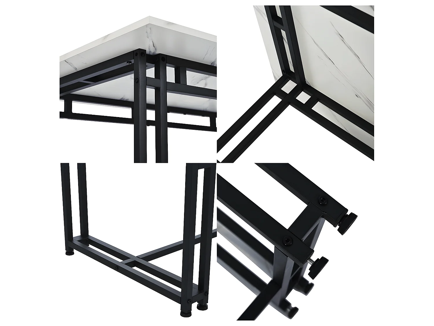 Table à manger - plateau effet marbre - pieds noirs en métal- 140x80cm - Blanc & Noir