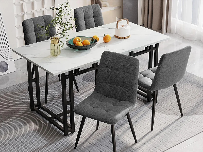 Mesa de comedor - tapa efecto mármol - patas de metal negro - 140x80cm - Blanco y Negro