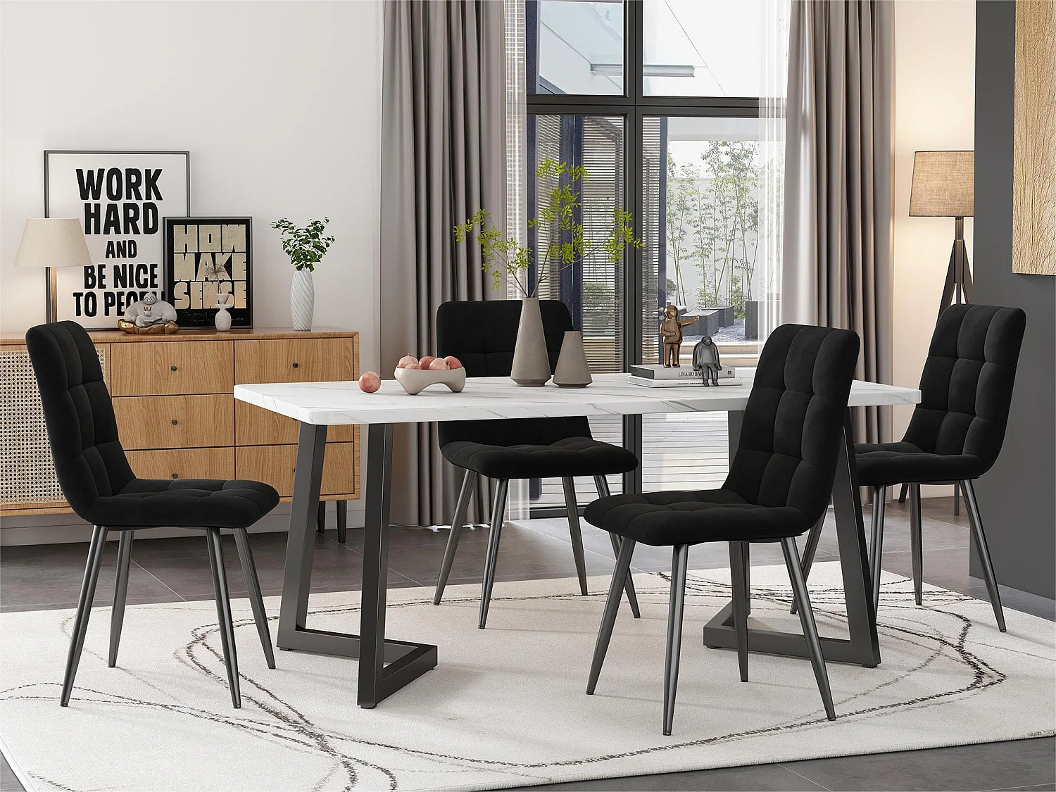 Esstisch – Platte mit Marmoreffekt – Beine aus schwarzem Metall – 117 x 68 cm – Weiß und Schwarz