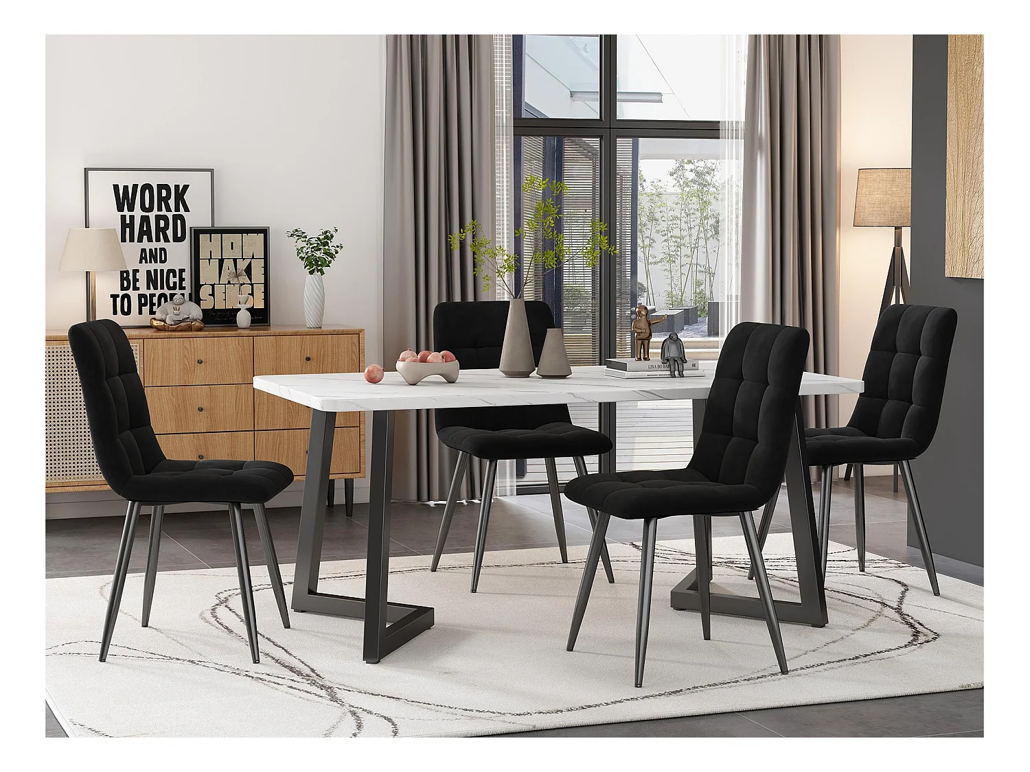 Table à manger - plateau effet marbre - pieds noirs en métal- 117x68cm - Blanc & Noir