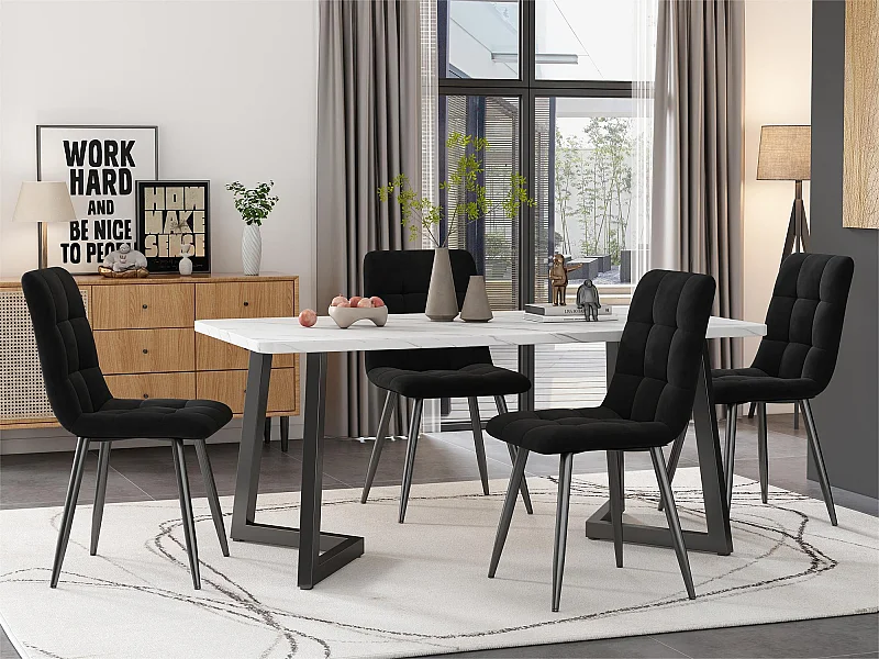 Tavolo da pranzo - piano effetto marmo - gambe in metallo nero - 117x68 cm - Bianco e nero