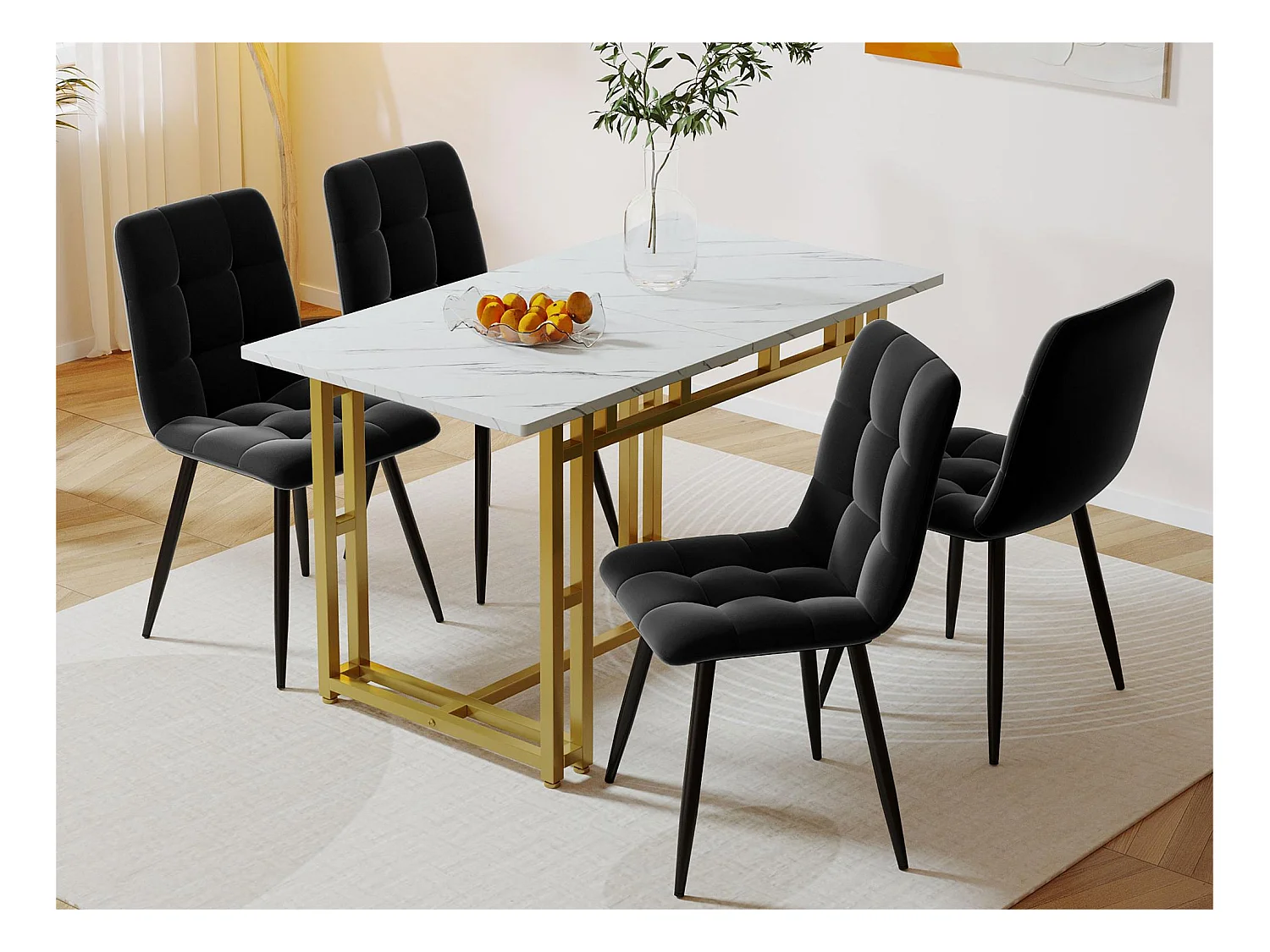 Table à manger - plateau effet marbre - pieds dorés en métal- 120x70cm - Blanc & Doré