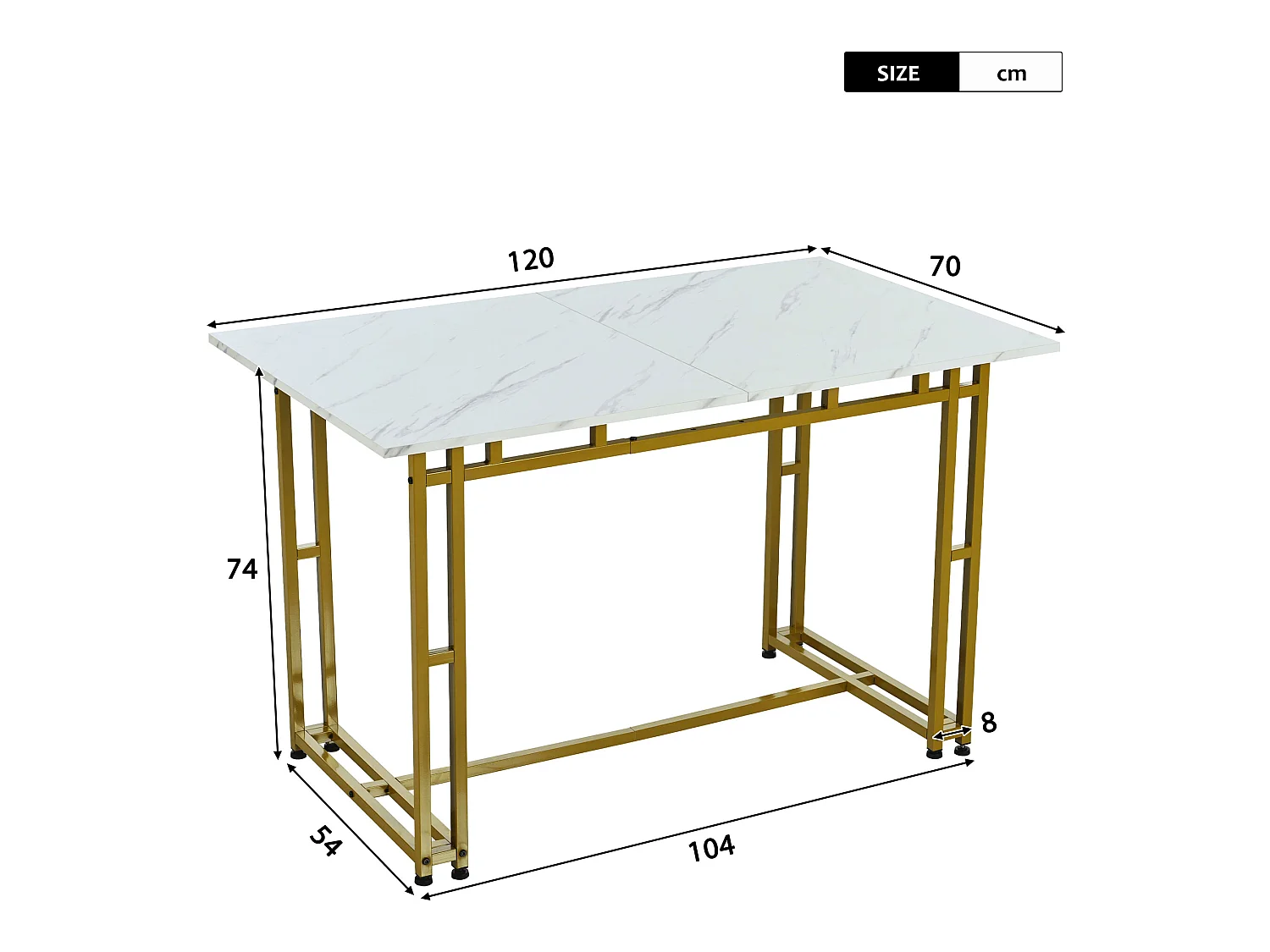 Table à manger - plateau effet marbre - pieds dorés en métal- 120x70cm - Blanc & Doré