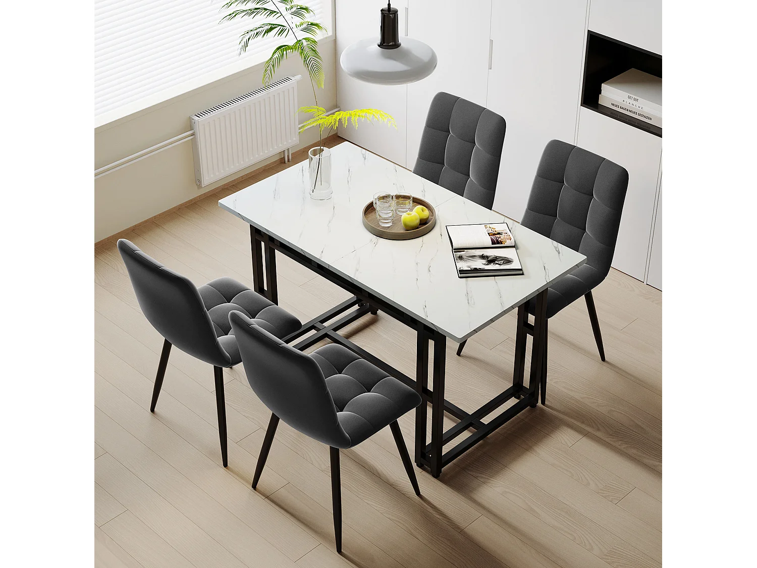 Tavolo da pranzo - piano effetto marmo - gambe in metallo nero - 120x70 cm - Bianco e nero