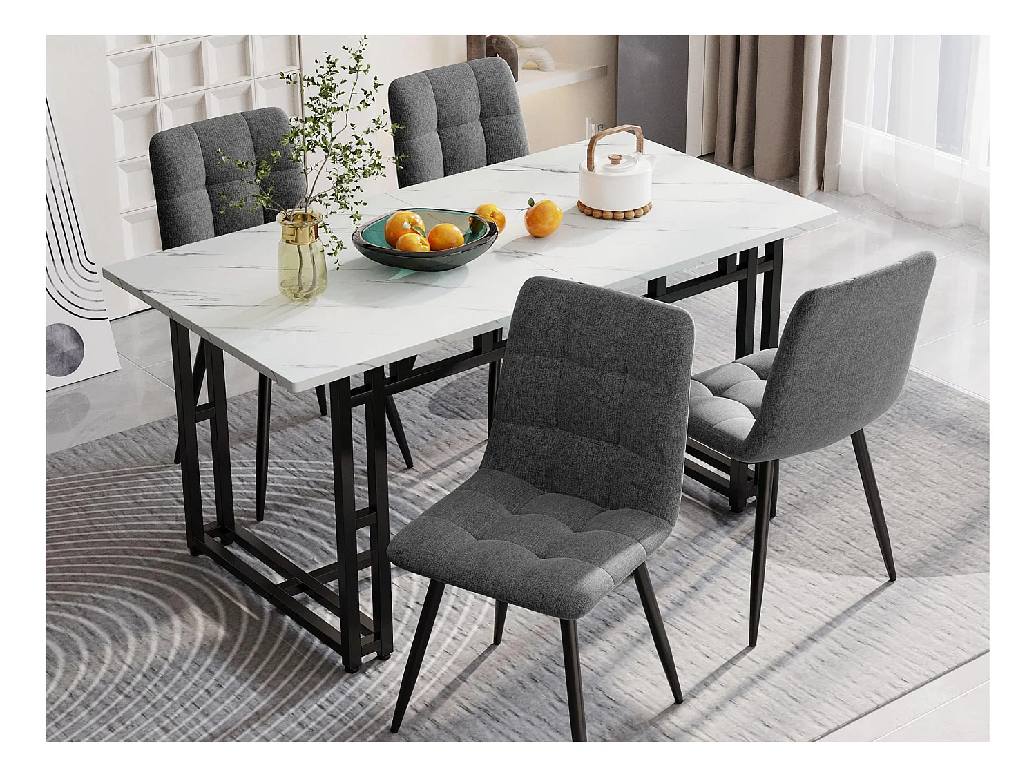 Table à manger - plateau effet marbre - pieds noirs en métal- 120x70cm - Blanc & Noir