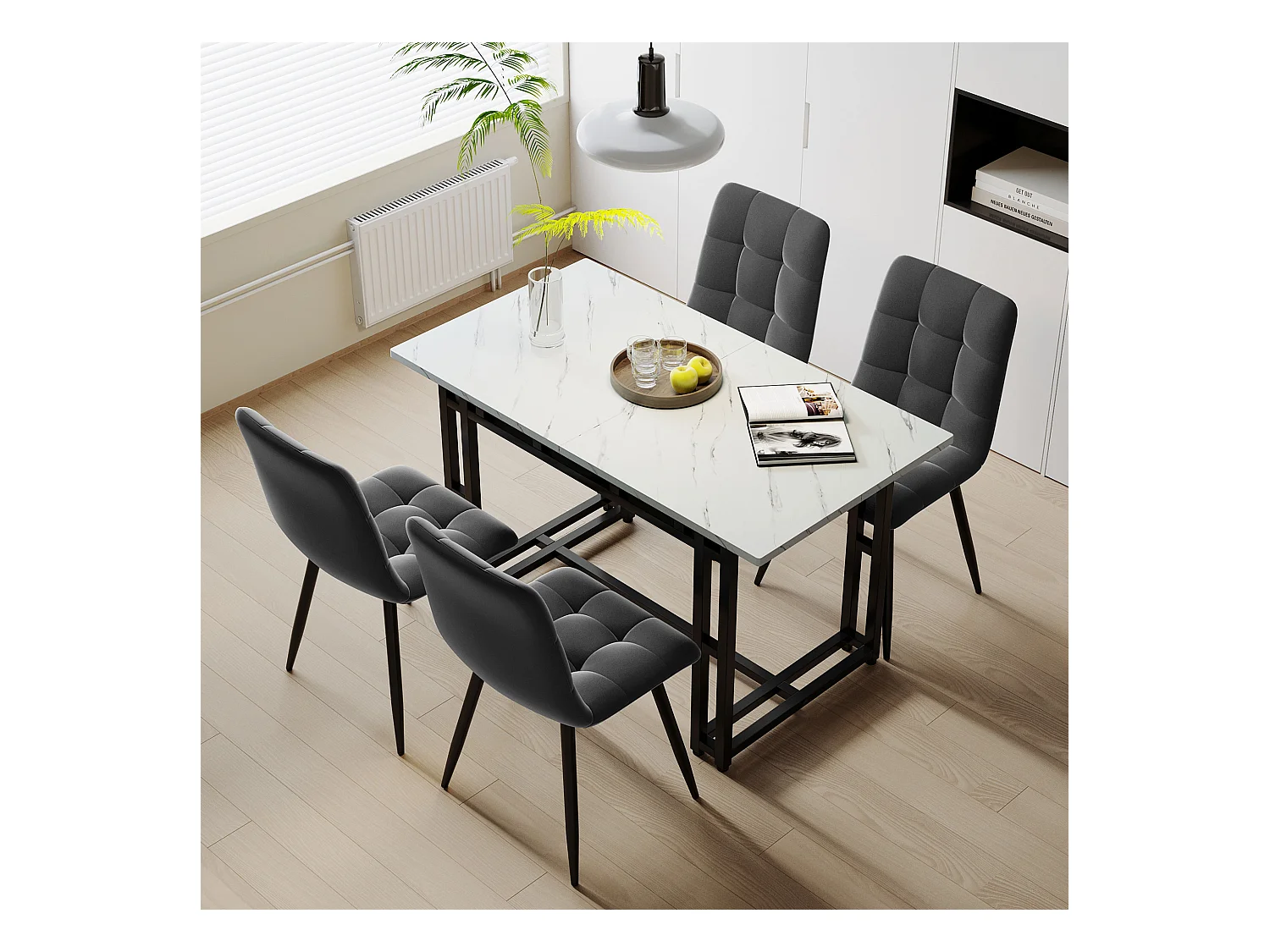 Esstisch – Platte mit Marmoreffekt – Beine aus schwarzem Metall – 120 x 70 cm – Weiß und Schwarz