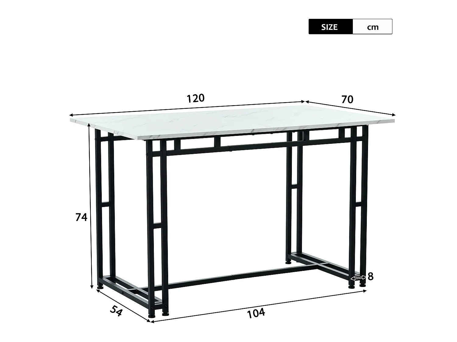 Esstisch – Platte mit Marmoreffekt – Beine aus schwarzem Metall – 120 x 70 cm – Weiß und Schwarz
