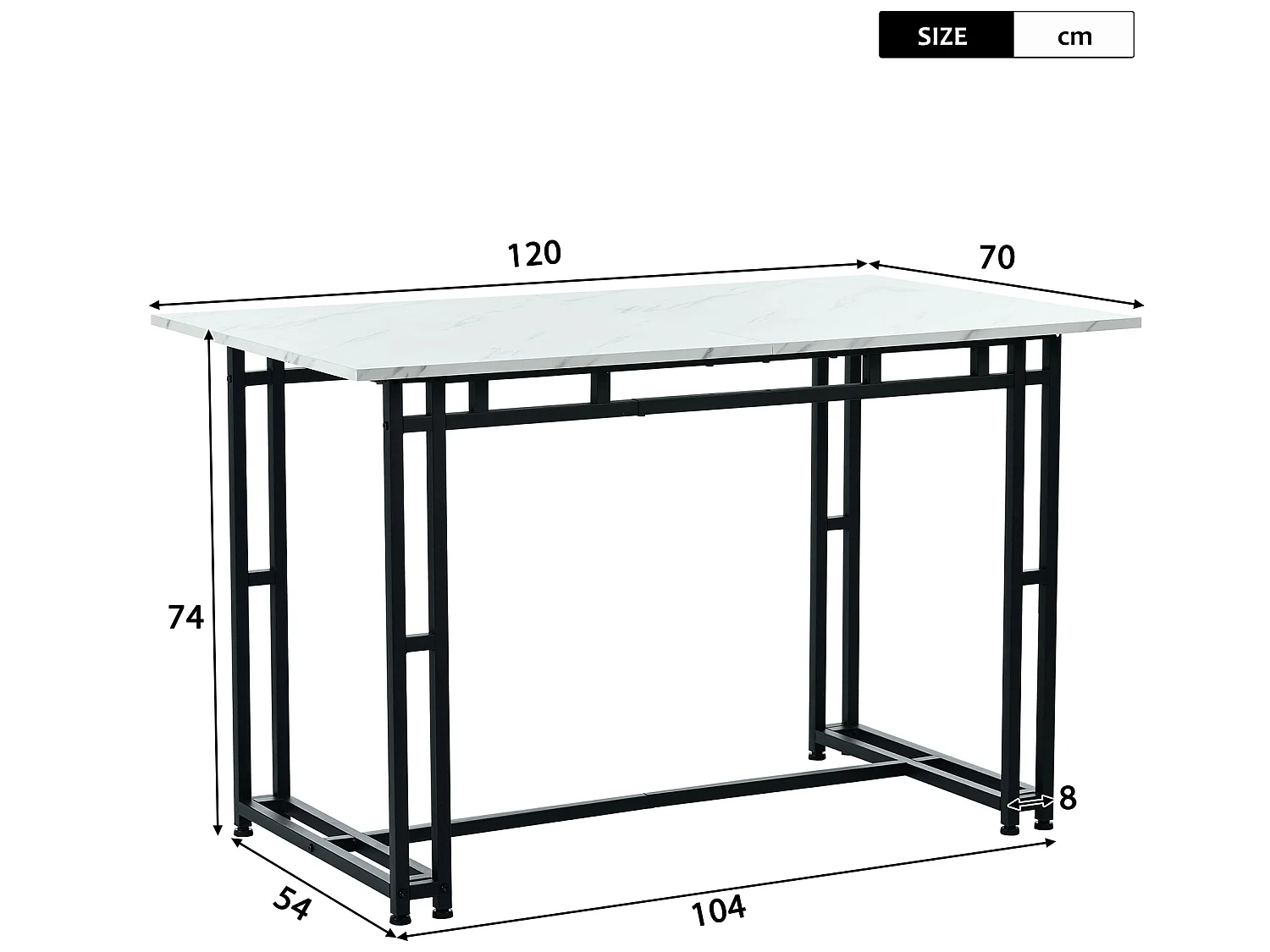 Table à manger - plateau effet marbre - pieds noirs en métal- 120x70cm - Blanc & Noir