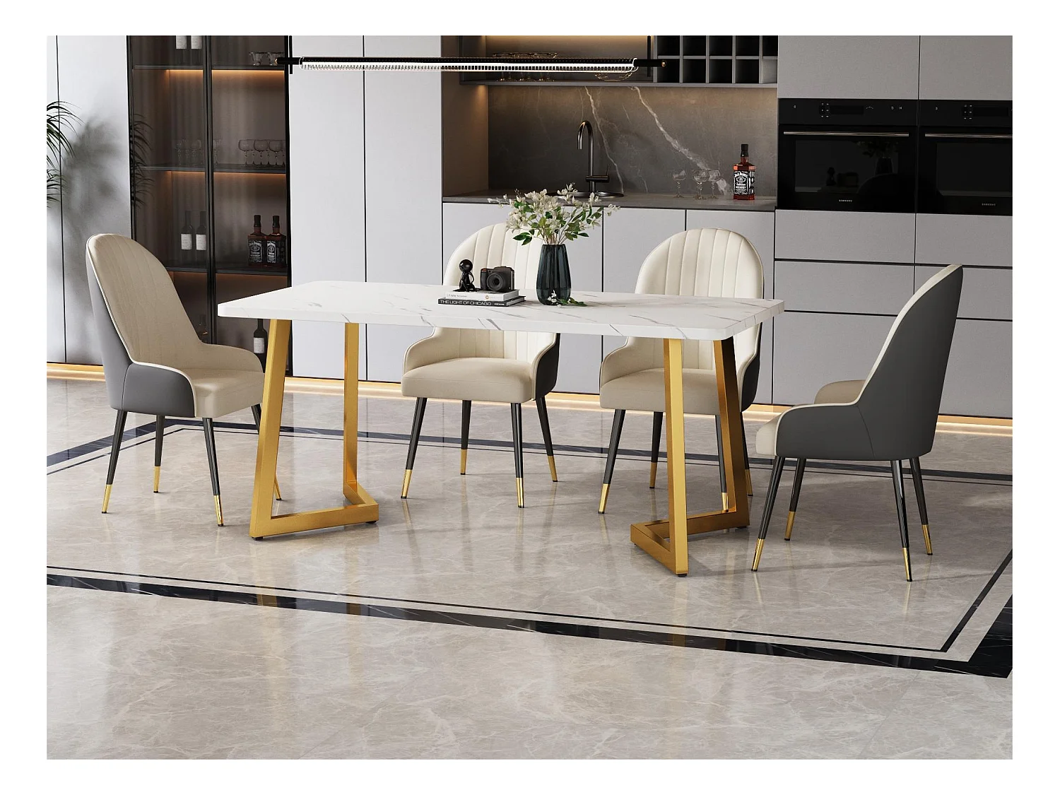 Table à manger - plateau effet marbre - pieds dorés en métal- 117x68cm - Blanc & Doré