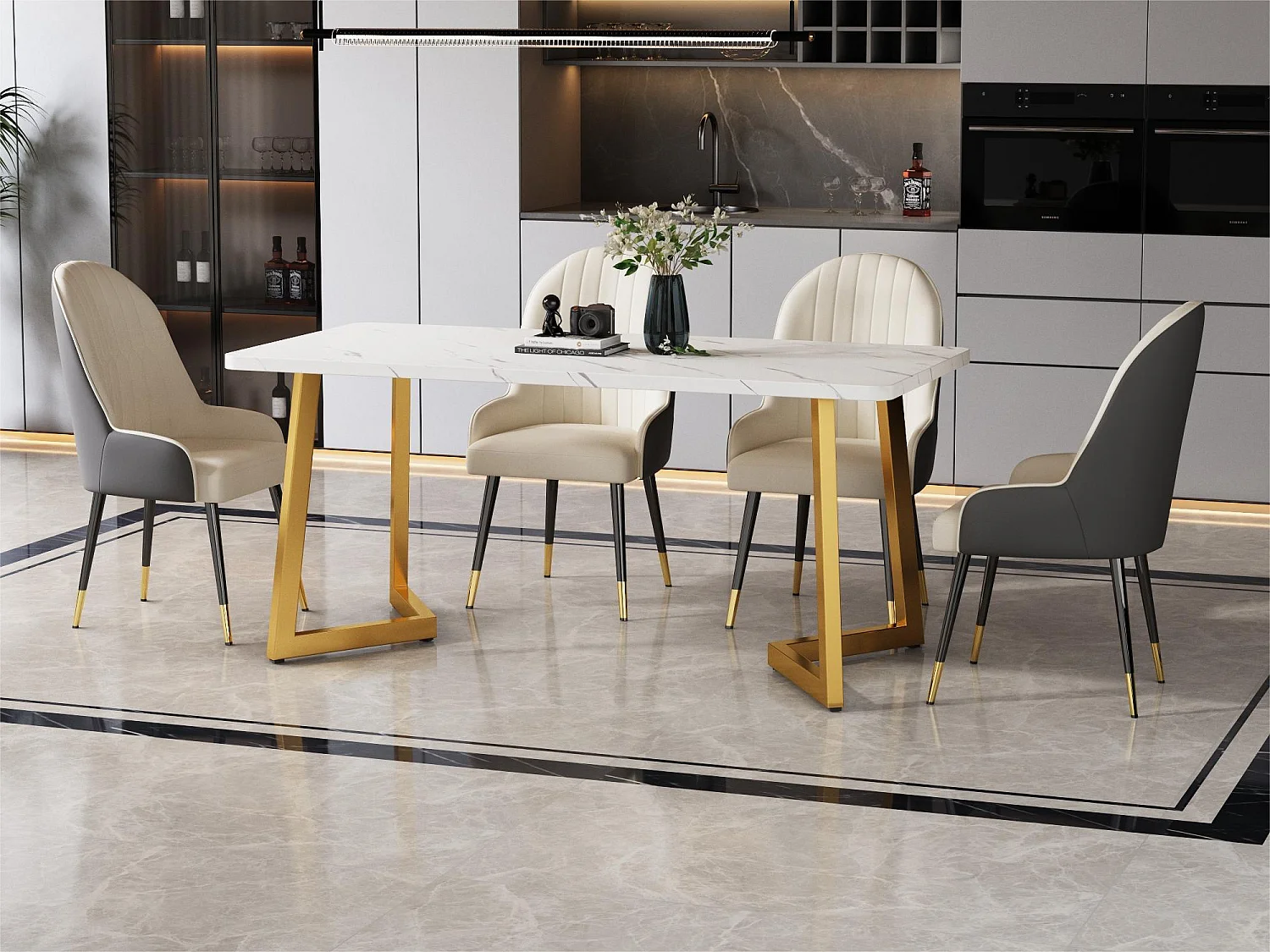 Eettafel - blad met marmer effect - gouden metalen poten - 117x68cm - Wit & Goud