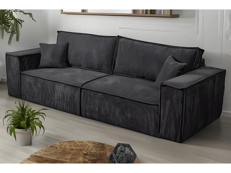 Canapé convertible 3 places VELLA en velours côtelé noir