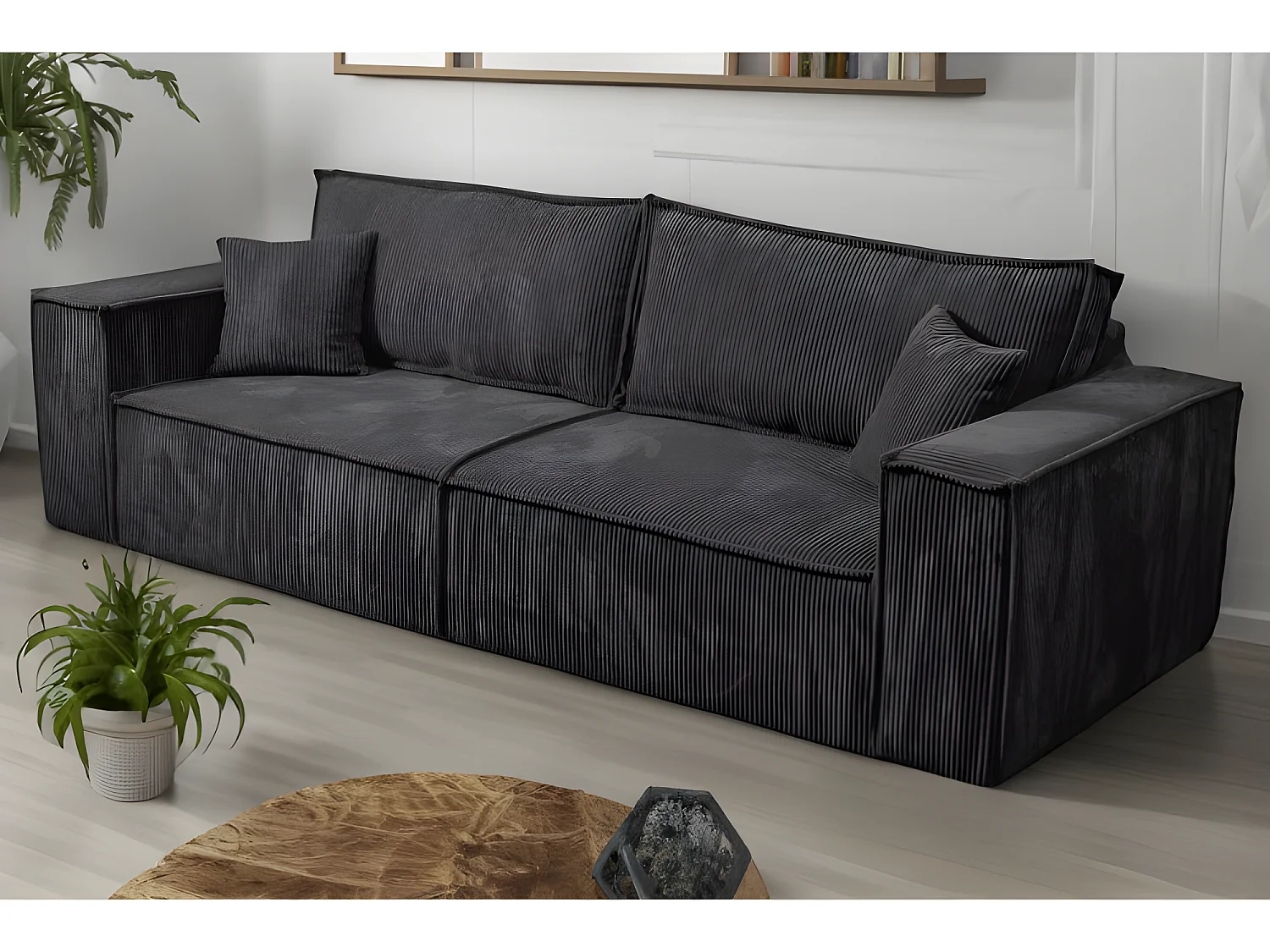 Canapé convertible 3 places VELLA en velours côtelé noir