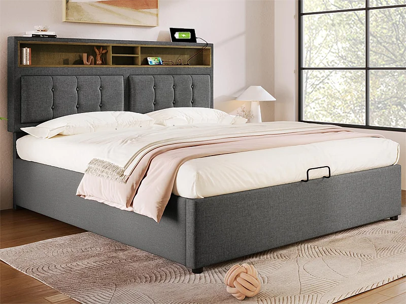 Lit coffre 140x200 cm en tissu lin - tête de lit réglable avec prises - avec sommier à lattes - Gris