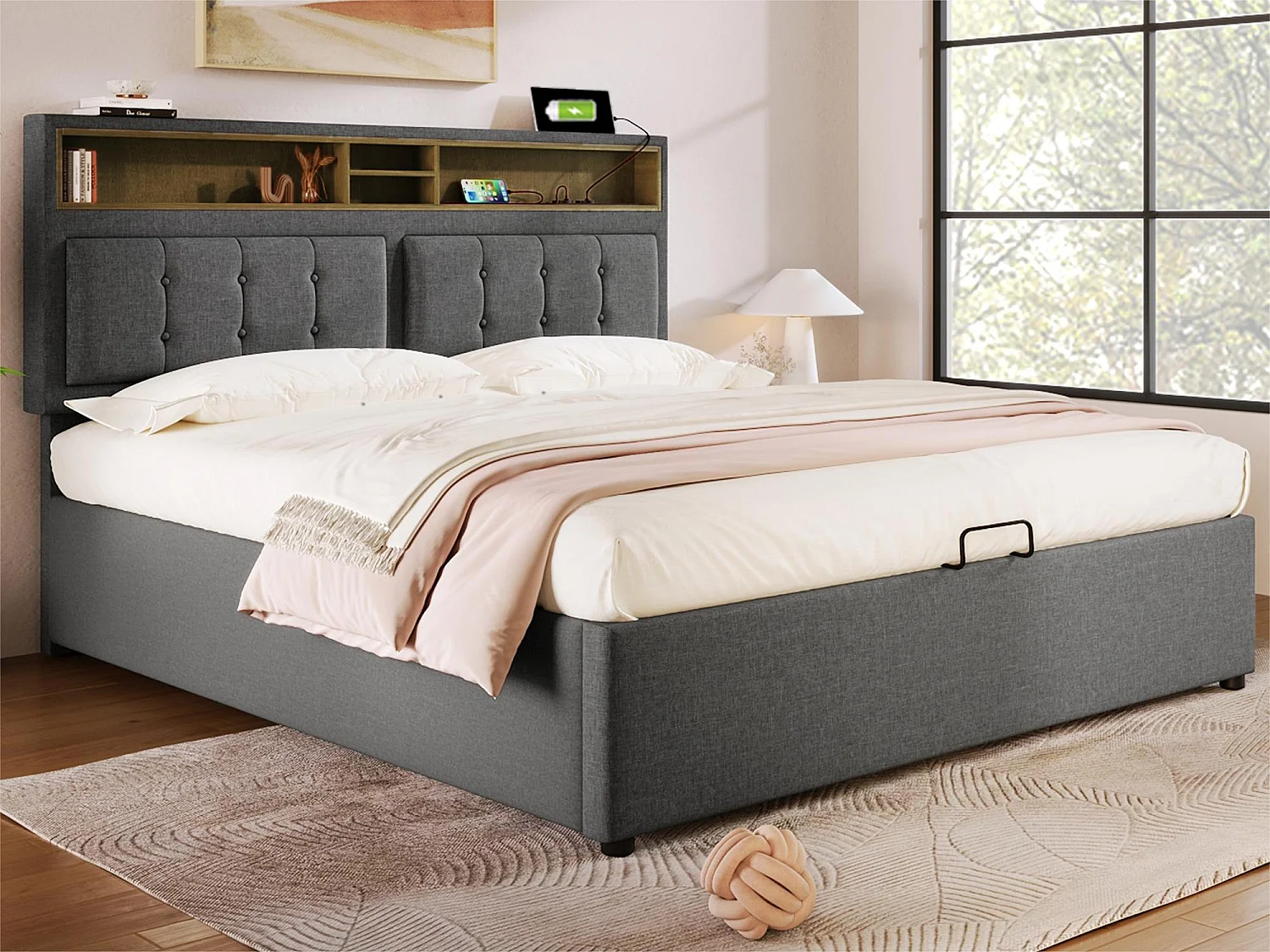 Bettkasten 140 x 200 cm aus Leinenstoff – verstellbares Kopfteil mit Steckdosen – mit Lattenrost – Grau