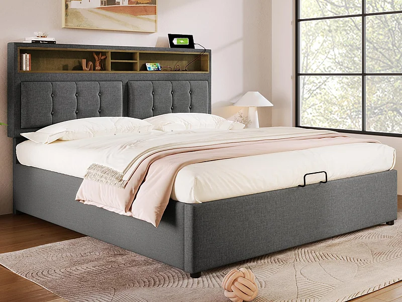 Bettkasten 160 x 200 cm aus Leinenstoff – verstellbares Kopfteil mit Steckdosen – mit Lattenrost – Grau