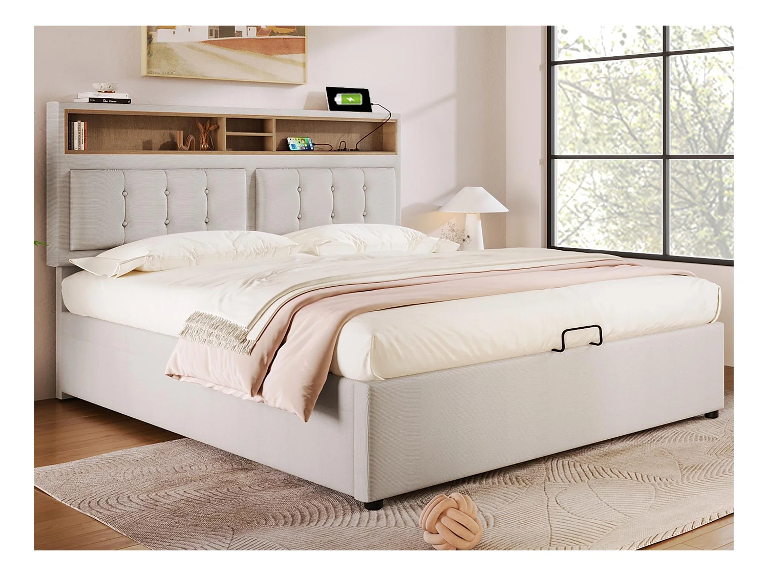 Cama contenedor 160x200 cm en tejido de lino - cabecero ajustable con enchufes - con somier - Beige