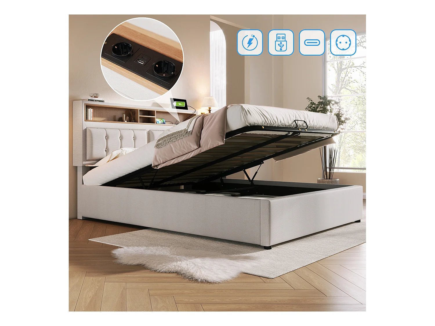 Opbergbed 160x200 cm in linnenstof - verstelbaar hoofdeinde met stopcontacten - met lattenbodem - Beige