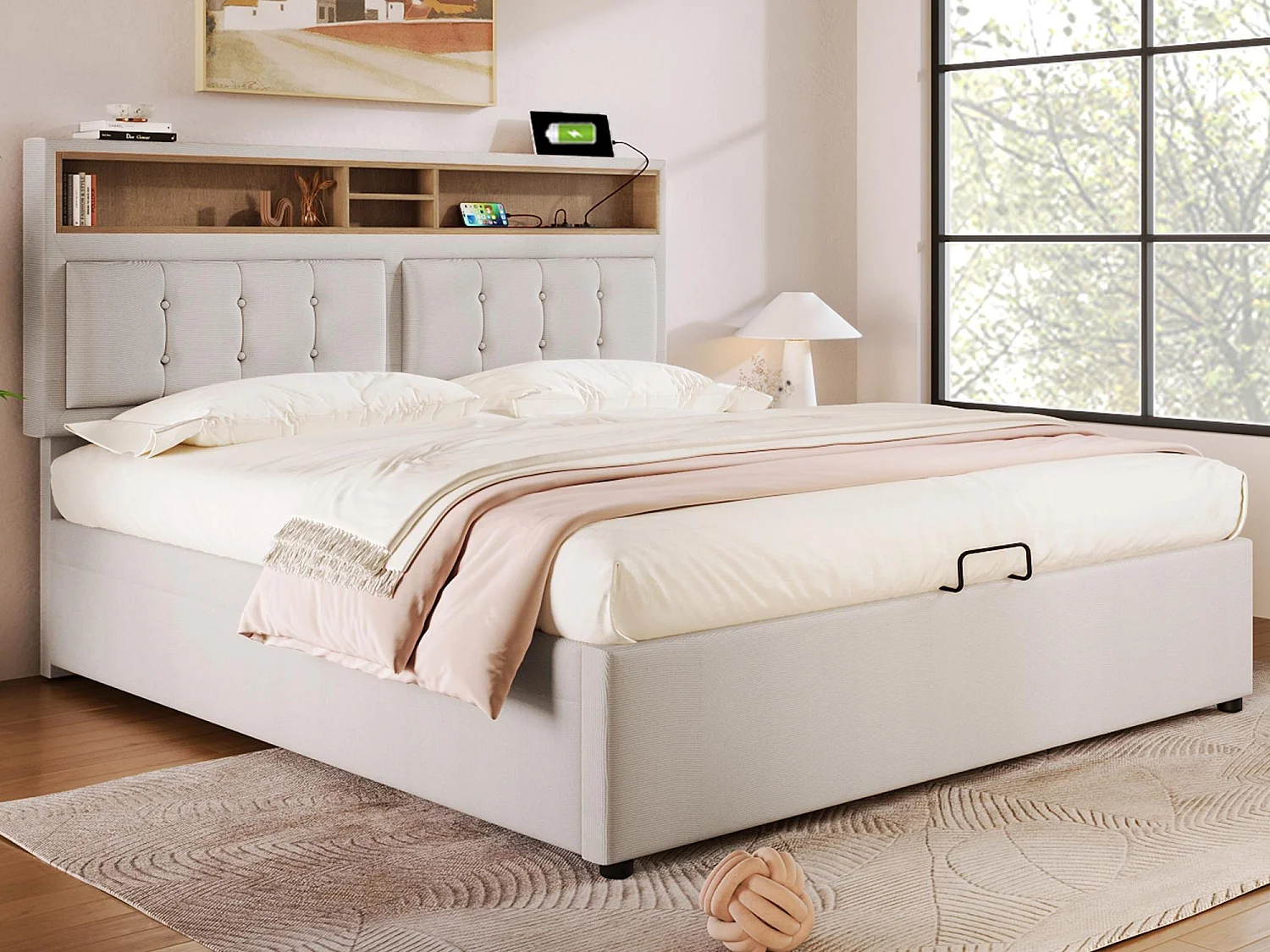 Lit coffre 160x200 cm en tissu lin - tête de lit réglable avec prises - avec sommier à lattes - Beige