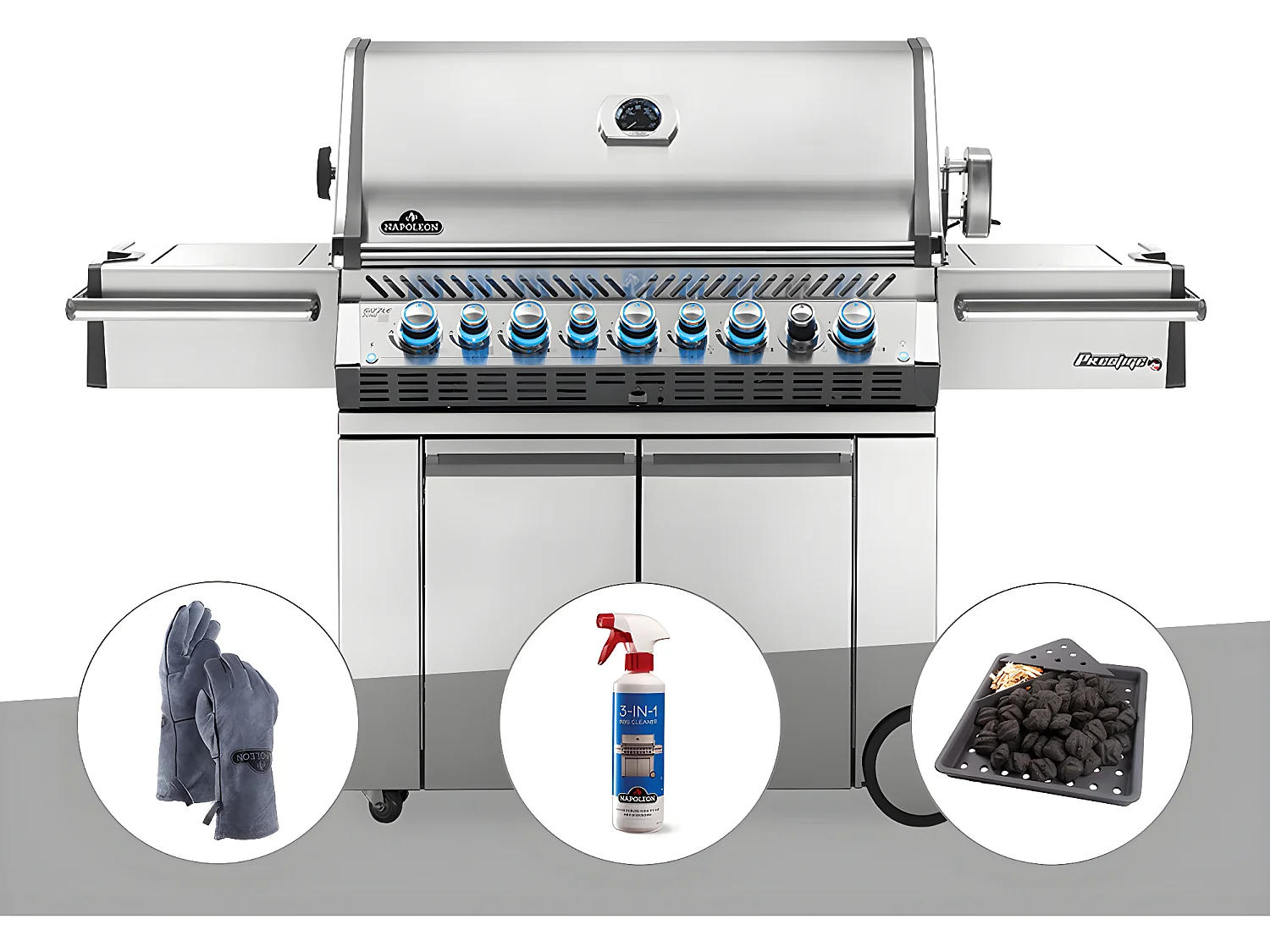 Barbecue à gaz Napoleon Prestige Pro 665 SIB inox + Gants en cuir + Nettoyant grill 3 en 1 + Plateau charbon - Napoleon