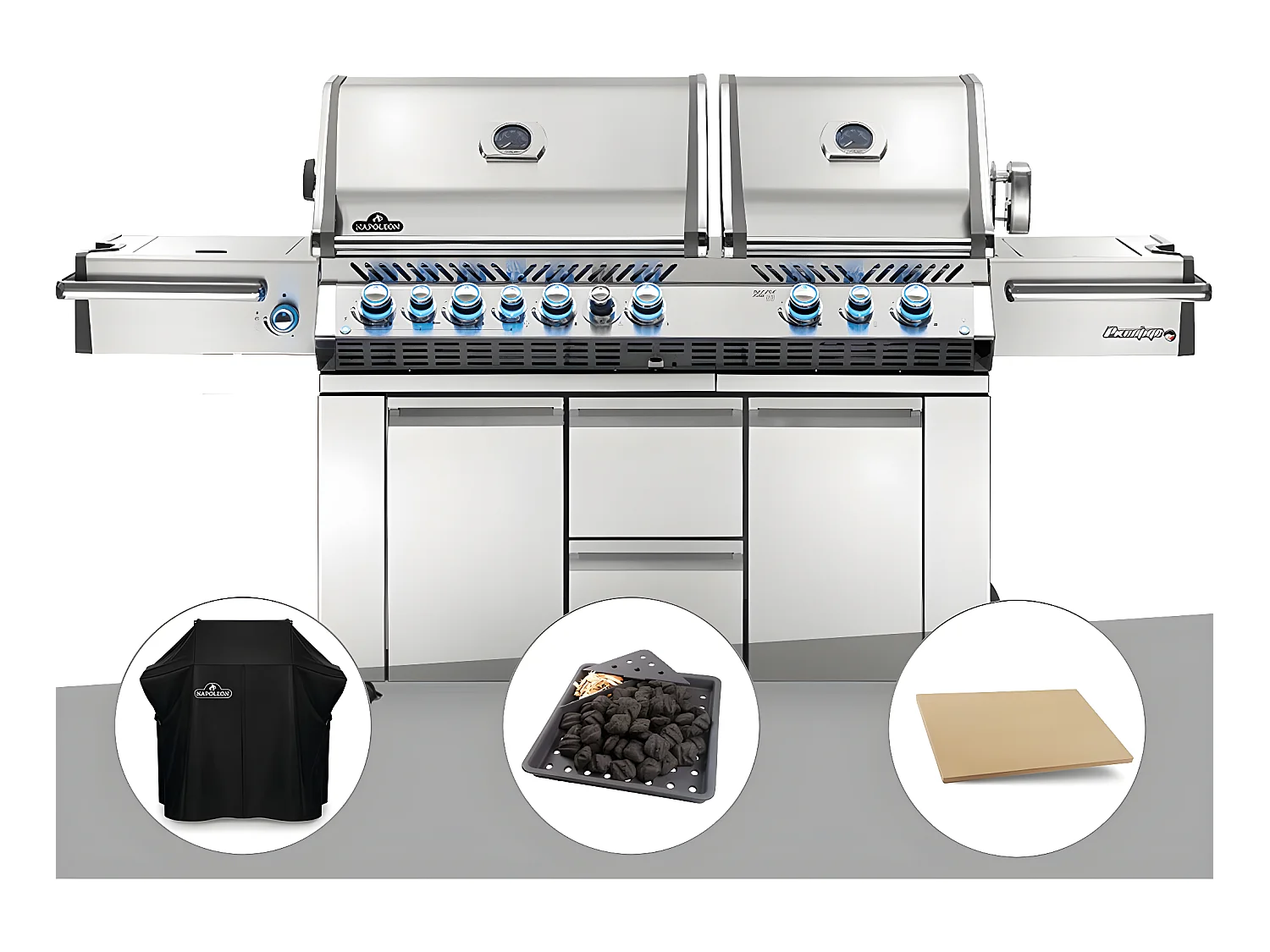 Barbecue à gaz Prestige Pro 825 + Housse de protection + Plateau charbon + Pierre à pizza large rectangle - Napoleon